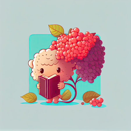 cute viburnum cartoon character with a book in hands, cartoon style, modern simple illustrationの写真素材