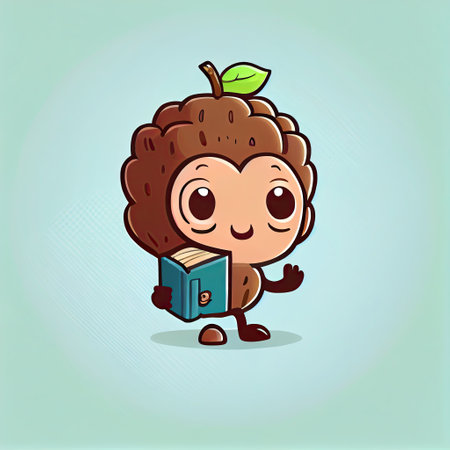 cute walnut cartoon character with a book in hands, cartoon style, modern simple illustrationの写真素材
