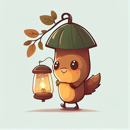 cute acorn cartoon character with a lantern, cartoon style, modern simple illustrationの写真素材
