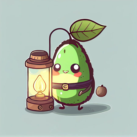 cute avocado cartoon character with a lantern, cartoon style, modern simple illustrationの写真素材