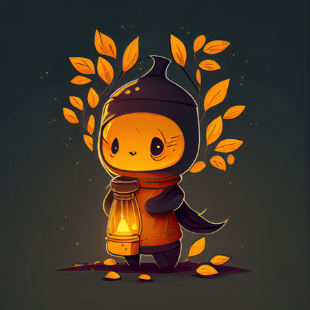 cute buckthorn cartoon character with a lantern, cartoon style, modern simple illustrationの写真素材