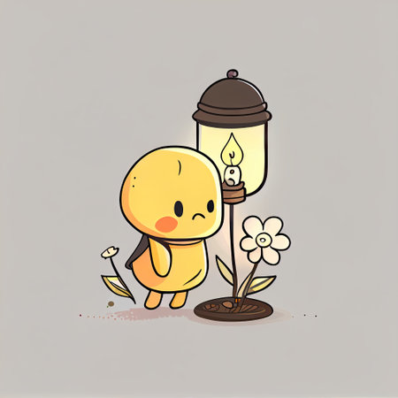cute buttercup flower cartoon character with a lantern, cartoon style, modern simple illustrationの写真素材