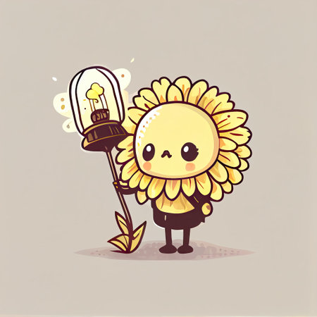 cute chrysanthemum flower cartoon character with a lantern, cartoon style, modern simple illustrationの写真素材