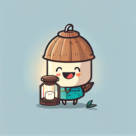 cute coconut cartoon character with a lantern, cartoon style, modern simple illustrationの写真素材