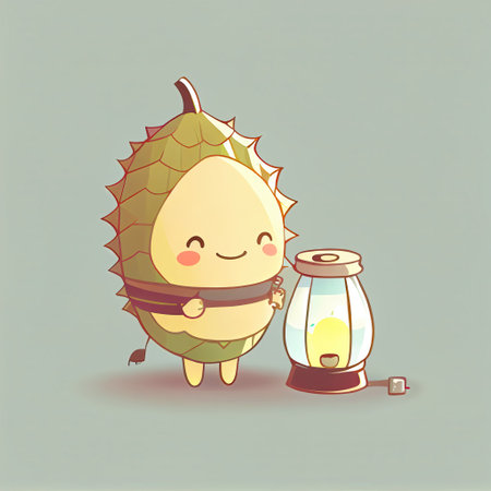 cute durian cartoon character with a lantern, cartoon style, modern simple illustrationの写真素材