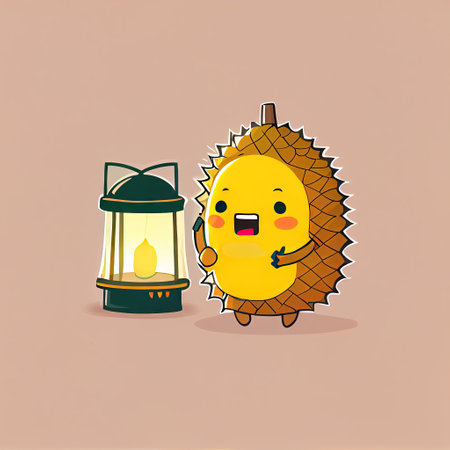 cute durian cartoon character with a lantern, cartoon style, modern simple illustrationの写真素材