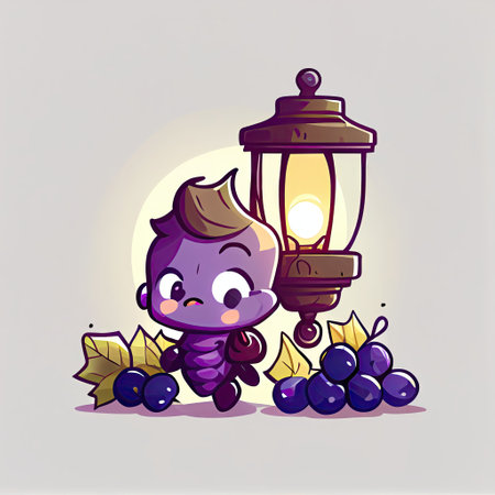 cute grape cartoon character with a lantern, cartoon style, modern simple illustrationの写真素材