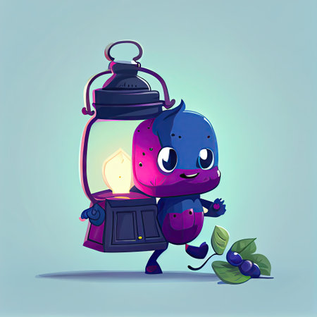 cute huckleberry cartoon character with a lantern, cartoon style, modern simple illustrationの写真素材