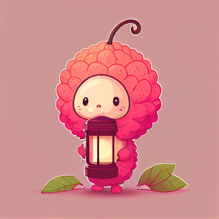 cute lychee cartoon character with a lantern, cartoon style, modern simple illustrationの写真素材