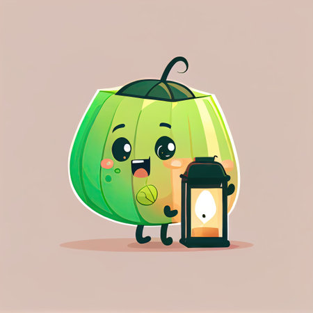 cute melon cartoon character with a lantern, cartoon style, modern simple illustrationの写真素材
