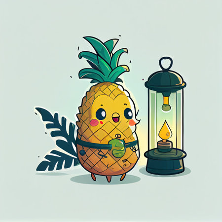 cute pineapple cartoon character with a lantern, cartoon style, modern simple illustrationの写真素材