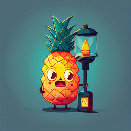 cute pineapple cartoon character with a lantern, cartoon style, modern simple illustrationの写真素材