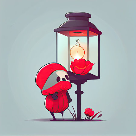 cute poppy flower cartoon character with a lantern, cartoon style, modern simple illustrationの写真素材