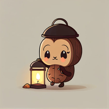 cute walnut cartoon character with a lantern, cartoon style, modern simple illustrationの写真素材