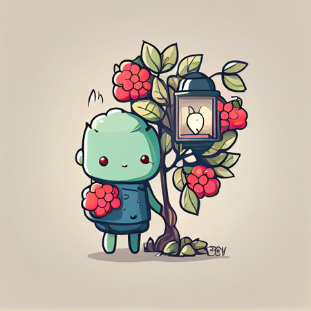 cute viburnum cartoon character with a lantern, cartoon style, modern simple illustrationの写真素材