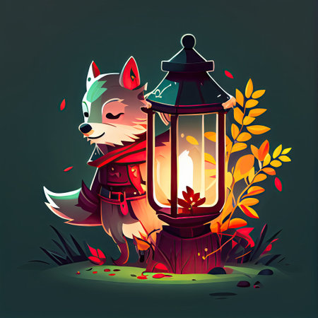 cute wolfberry cartoon character with a lantern, cartoon style, modern simple illustrationの写真素材