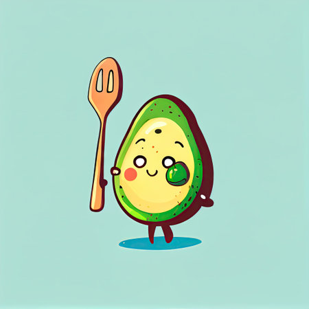 cute avocado cartoon character with a spoon and fork, cartoon style, modern simple illustrationの写真素材