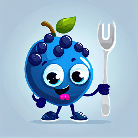 cute bilberry cartoon character with a spoon and fork, cartoon style, modern simple illustrationの写真素材