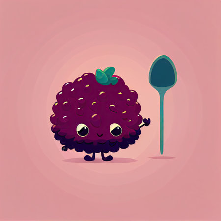 cute boysenberry cartoon character with a spoon and fork, cartoon style, modern simple illustrationの写真素材