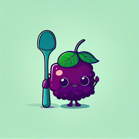 cute boysenberry cartoon character with a spoon and fork, cartoon style, modern simple illustrationの写真素材