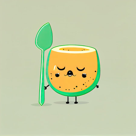 cute cantaloupe cartoon character with a spoon and fork, cartoon style, modern simple illustrationの写真素材