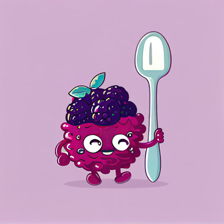 cute boysenberry cartoon character with a spoon and fork, cartoon style, modern simple illustrationの写真素材