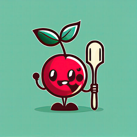 cute cherry cartoon character with a spoon and fork, cartoon style, modern simple illustrationの写真素材