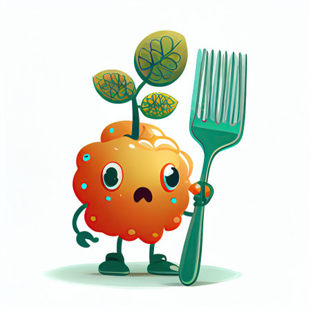 cute cloudberry cartoon character with a spoon and fork, cartoon style, modern simple illustrationの写真素材