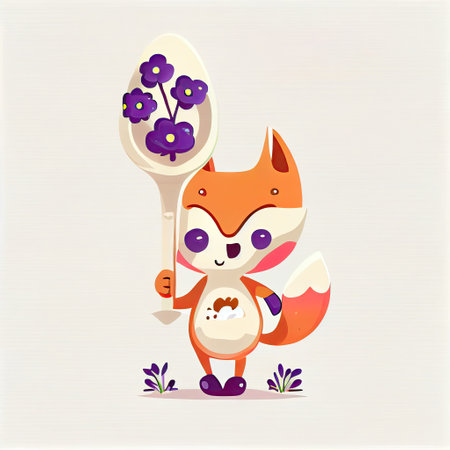cute foxglove flower cartoon character with a spoon and fork, cartoon style, modern simple illustrationの写真素材