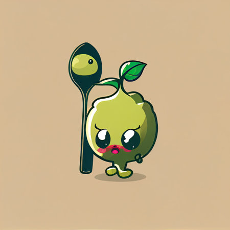 cute gooseberry cartoon character with a spoon and fork, cartoon style, modern simple illustrationの写真素材