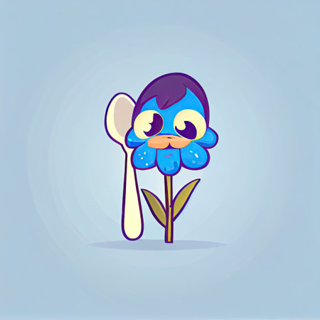 cute iris flower cartoon character with a spoon and fork, cartoon style, modern simple illustrationの写真素材