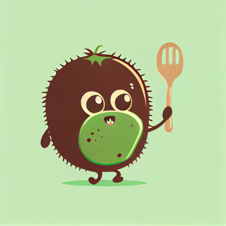 cute kiwi cartoon character with a spoon and fork, cartoon style, modern simple illustrationの写真素材