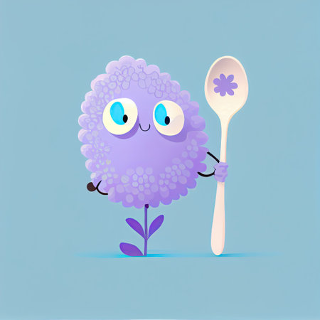 cute lavender flower cartoon character with a spoon and fork, cartoon style, modern simple illustrationの写真素材