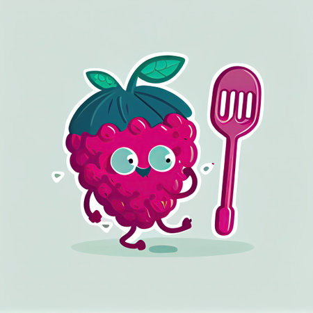 cute loganberry cartoon character with a spoon and fork, cartoon style, modern simple illustrationの写真素材