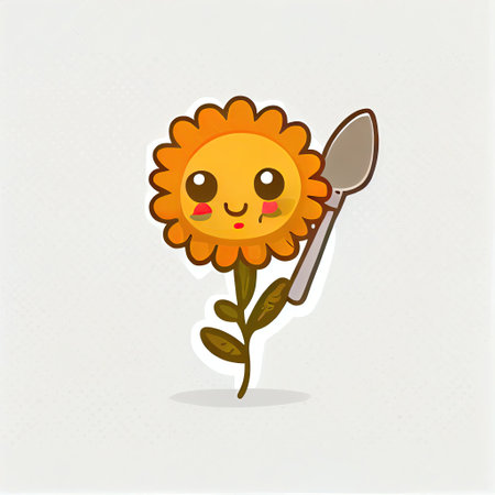 cute marigold flower cartoon character with a spoon and fork, cartoon style, modern simple illustrationの写真素材