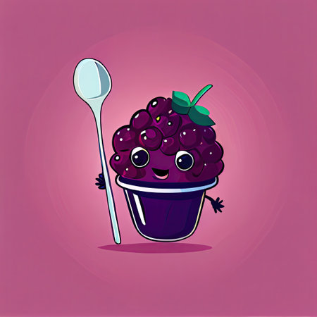cute marionberry cartoon character with a spoon and fork, cartoon style, modern simple illustrationの写真素材