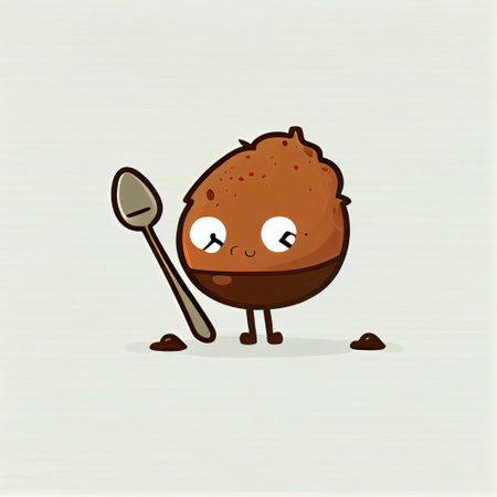 cute nutmeg cartoon character with a spoon and fork, cartoon style, modern simple illustrationの写真素材