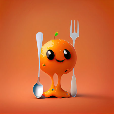 cute orange cartoon character with a spoon and fork, cartoon style, modern simple illustrationの写真素材