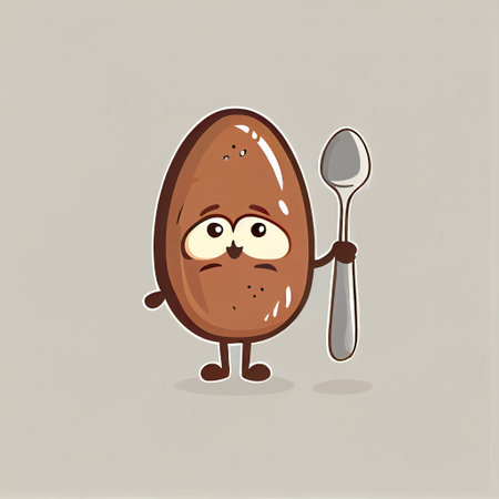cute pecan cartoon character with a spoon and fork, cartoon style, modern simple illustrationの写真素材