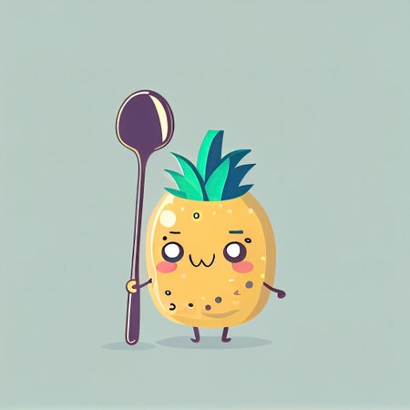 cute pineapple cartoon character with a spoon and fork, cartoon style, modern simple illustrationの写真素材