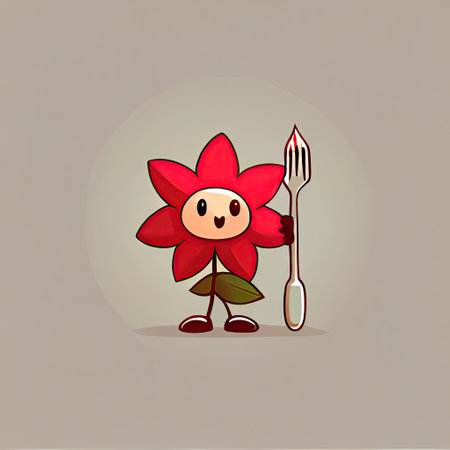 cute poinsettia flower cartoon character with a spoon and fork, cartoon style, modern simple illustrationの写真素材