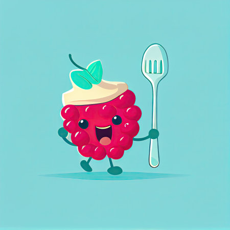 cute raspberry cartoon character with a spoon and fork, cartoon style, modern simple illustrationの写真素材