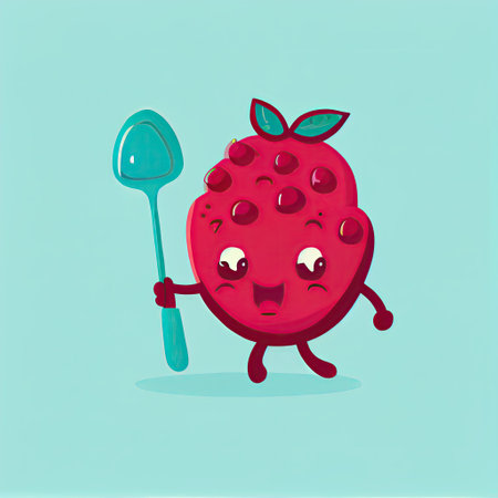 cute raspberry cartoon character with a spoon and fork, cartoon style, modern simple illustrationの写真素材