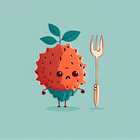 cute salmonberry cartoon character with a spoon and fork, cartoon style, modern simple illustrationの写真素材