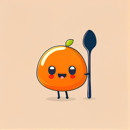 cute tangerine cartoon character with a spoon and fork, cartoon style, modern simple illustrationの写真素材