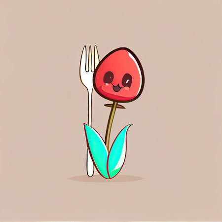 cute tulip flower cartoon character with a spoon and fork, cartoon style, modern simple illustrationの写真素材