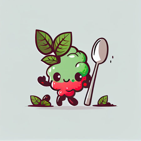 cute viburnum cartoon character with a spoon and fork, cartoon style, modern simple illustrationの写真素材