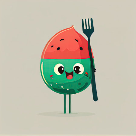 cute watermelon cartoon character with a spoon and fork, cartoon style, modern simple illustrationの写真素材