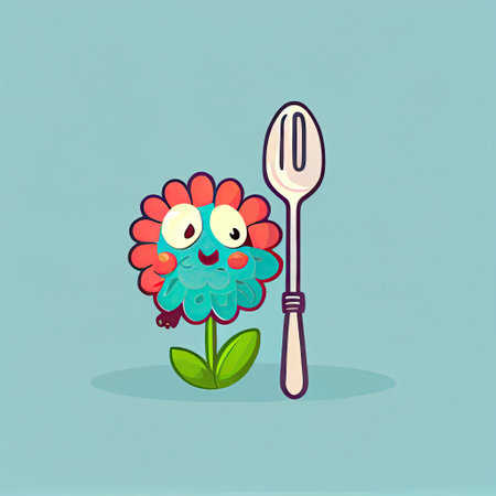 cute zinnia flower cartoon character with a spoon and fork, cartoon style, modern simple illustrationの写真素材