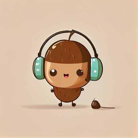 cute acorn cartoon character with headphones, cartoon style, modern simple illustrationの写真素材